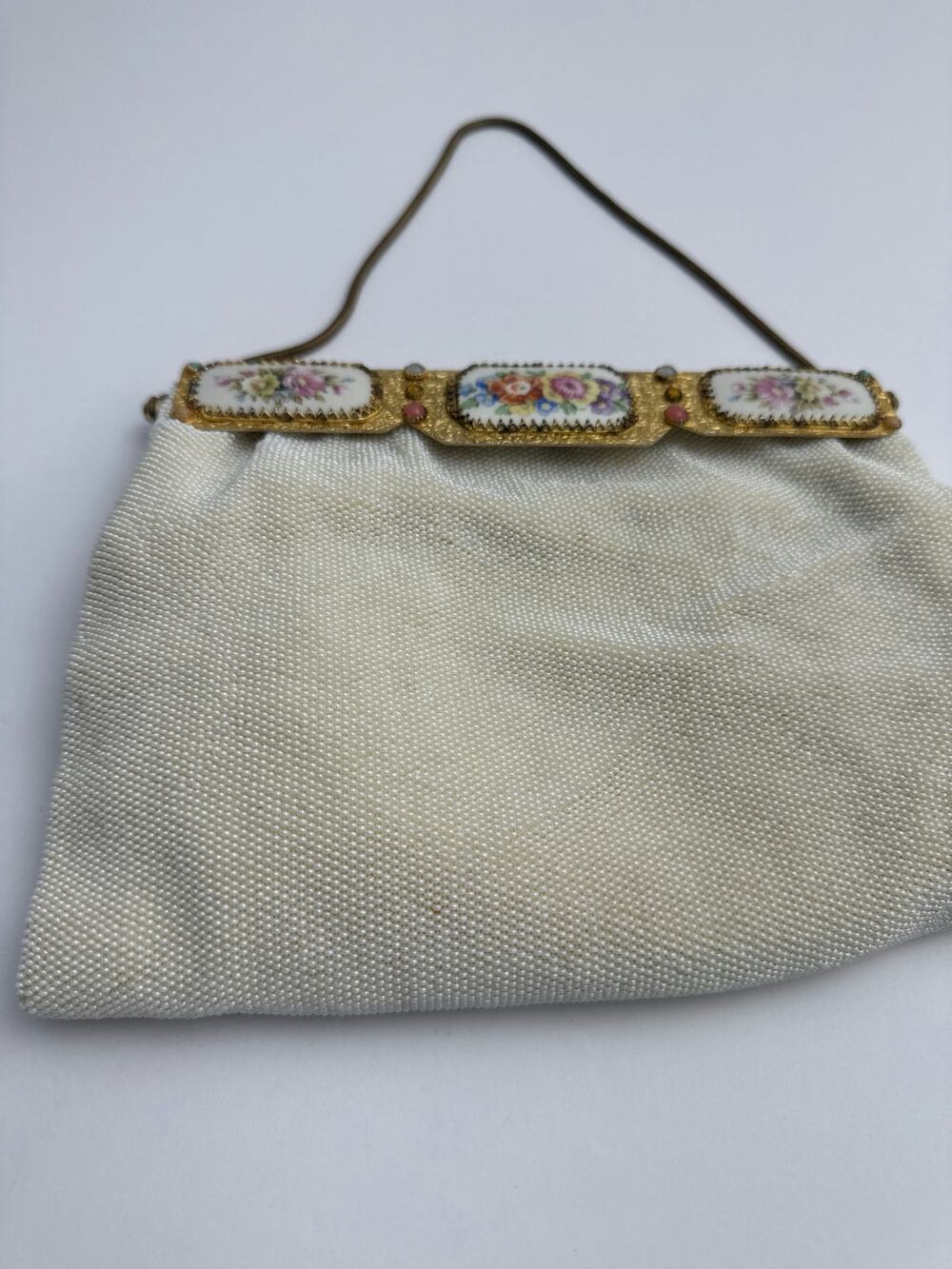 Vintage French Ivory Woven Evening Clutch Floral Frame Chain - 45_A1